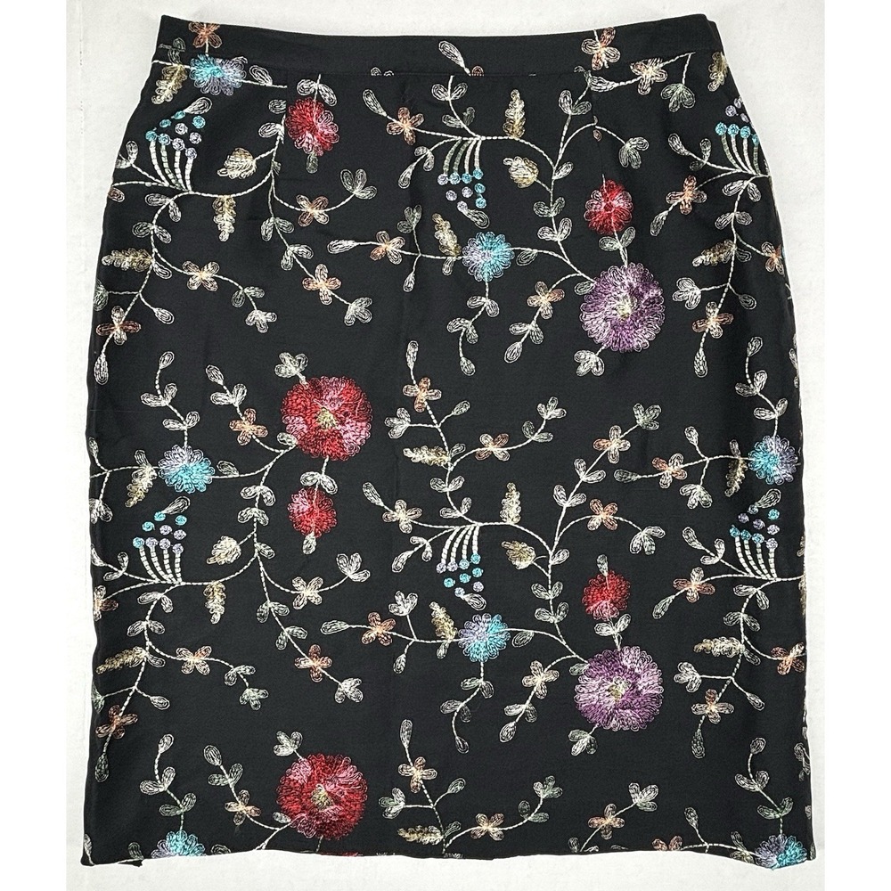 Silkland Petite 100% Silk Floral Embroidered Lined Pencil Skirt 14P Black‎ EUC